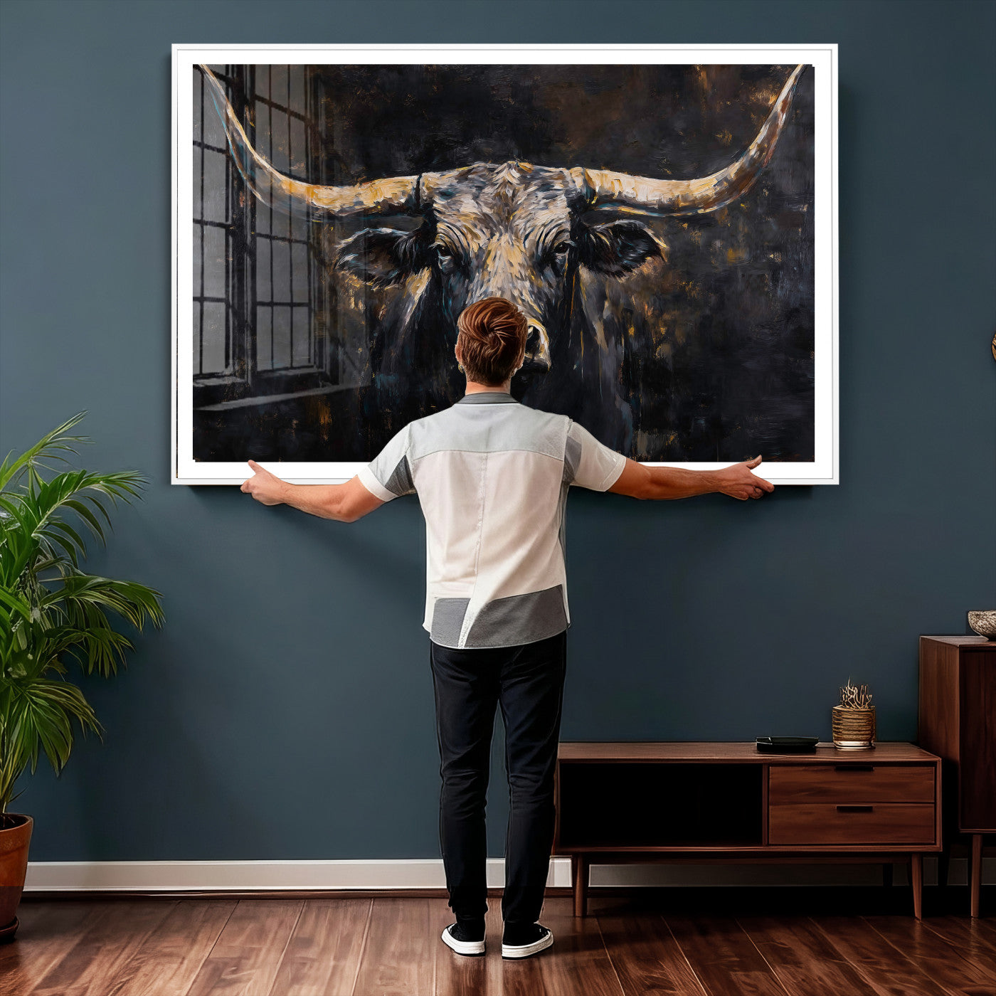 17622011-MGV-CV-36X24 - Abstract Longhorn Bull Wall Art Canvas Print – Dark Rustic Western Cattle Artwork for Farmhouse, Ranch, Cabin, and Office Decor