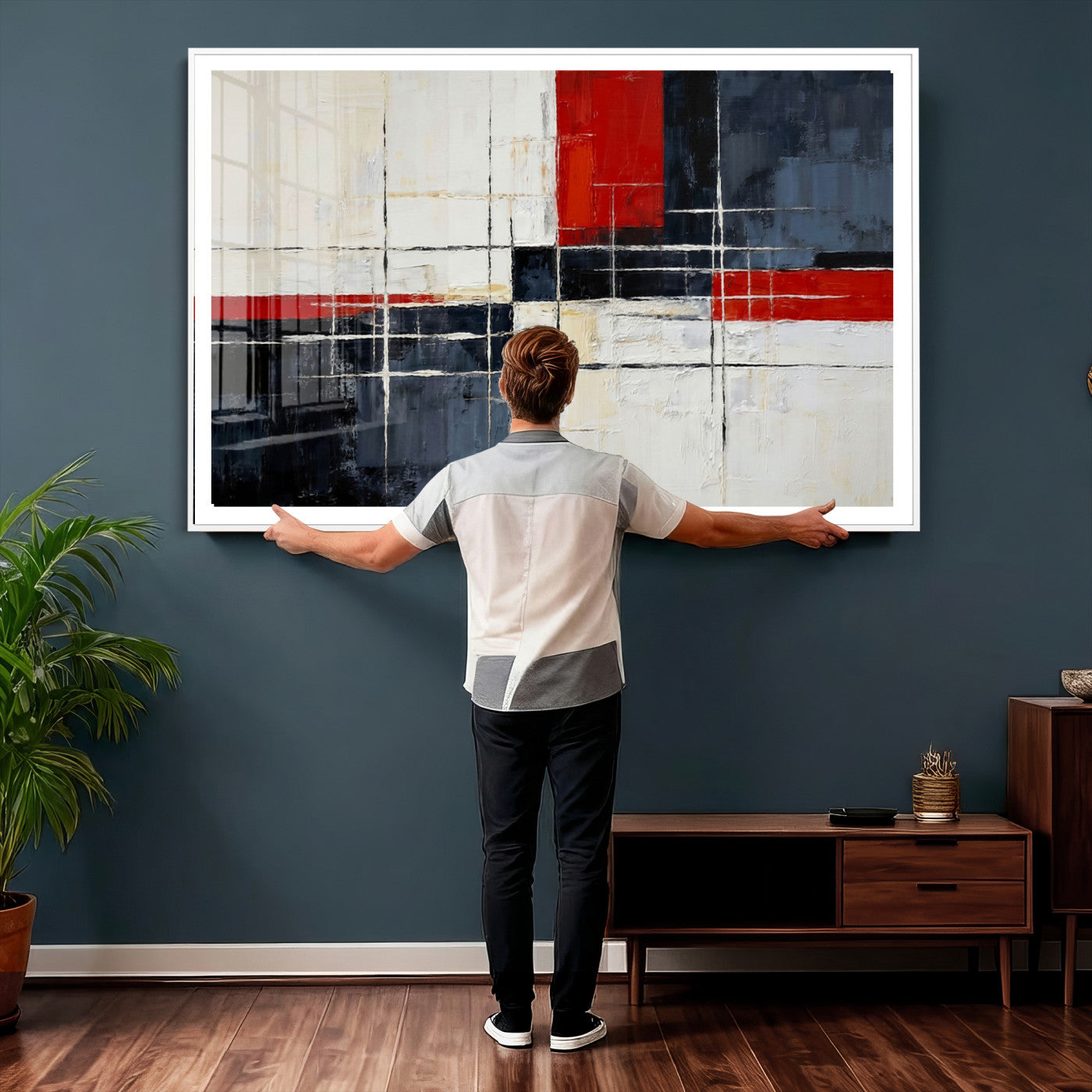 44088165-MGV-CV-36X24 - Navy Red Abstract Wall Art Canvas Print, Modern Luxury Geometric Painting Wall Decor for Living Room and Office