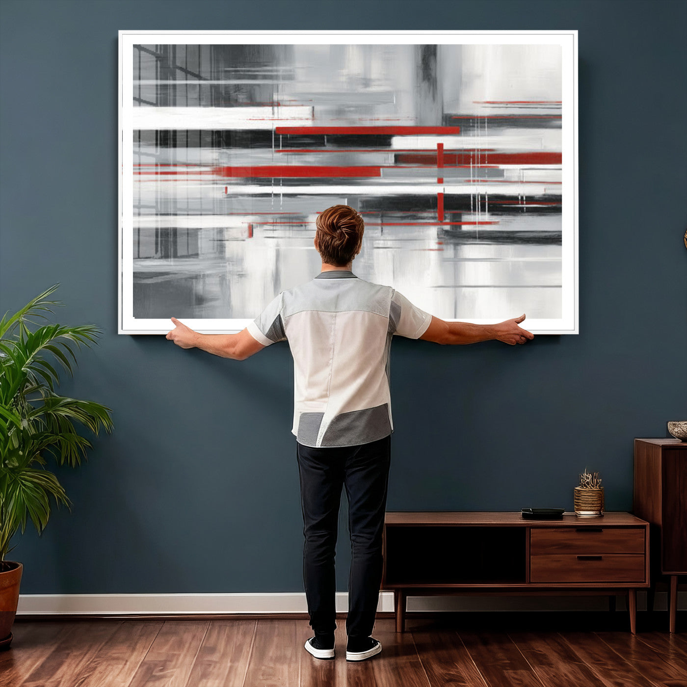 62640681-MGV-CV-36X24 - Gray Red Abstract Wall Art Canvas Print, Modern Abstract Canvas Wall Decor for Contemporary Living Room and Office