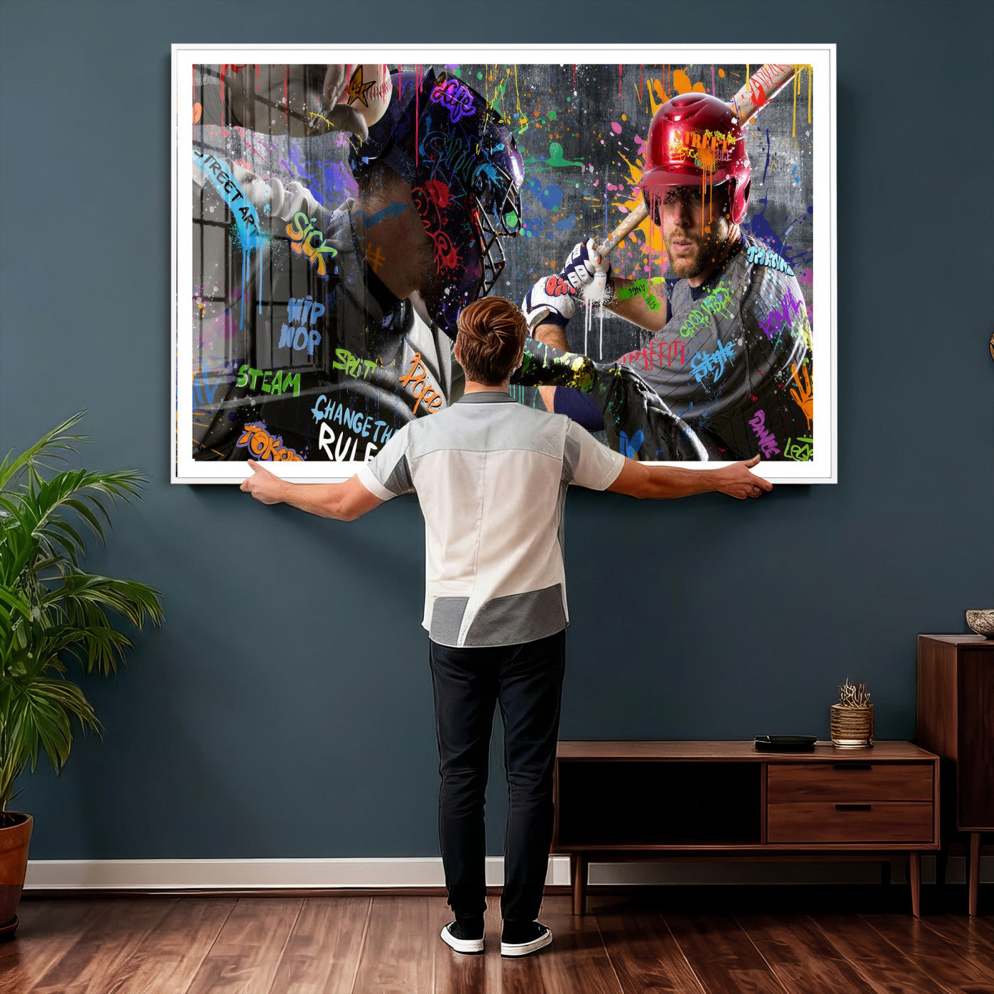 19634994-MGV-CV-36X24 - Graffiti Baseball Player Street Art Wall Art Canvas Print, Urban Sports Pop Art Baseball Canvas Print, Modern Athletic Graffiti Contemporary Art Printing
