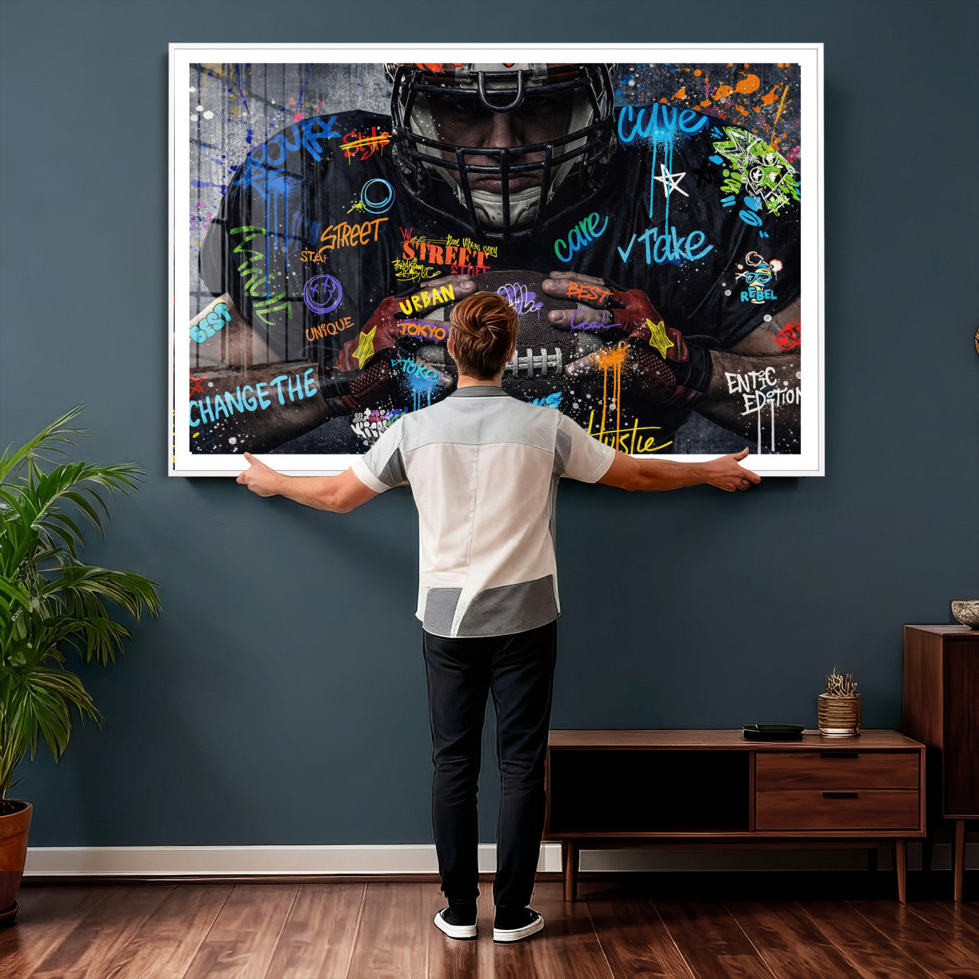 55267256-MGV-CV-36X24 - Graffiti American Football Player Street Art Wall Art Canvas Print, Urban Sports Pop Art Football Canvas Print, Modern Athletic Graffiti Contemporary Art Printing