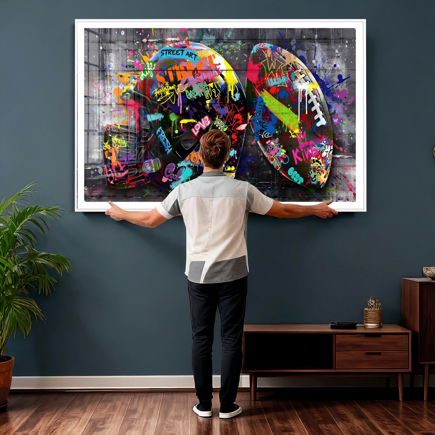 80540773-MGV-CV-36X24 - Graffiti American Football Helmet Street Art Wall Art Canvas Print, Urban Sports Pop Art Football Canvas Print, Colorful Graffiti Sports Contemporary Art Printing