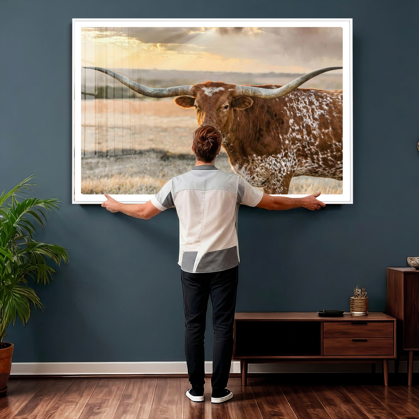 16502384-MGV-CV-36X24 - Texas Longhorn Wall Art Canvas Print, Western Ranch Bull Photography Canvas Print, Rustic Farmhouse Cattle Artwork for Living Room Decor