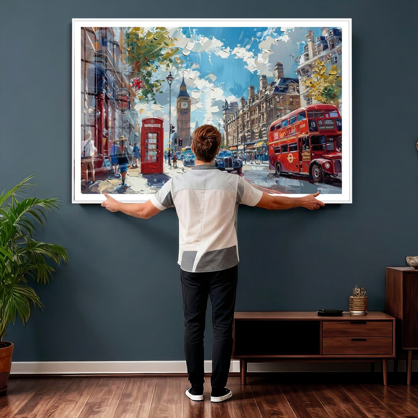 17630888-MGV-CV-36X24 - London Street Canvas Wall Art — Big Ben Red Bus Print | Oil Painting Style | UK City Wall Decor | Travel Art Gift | Living Room Print