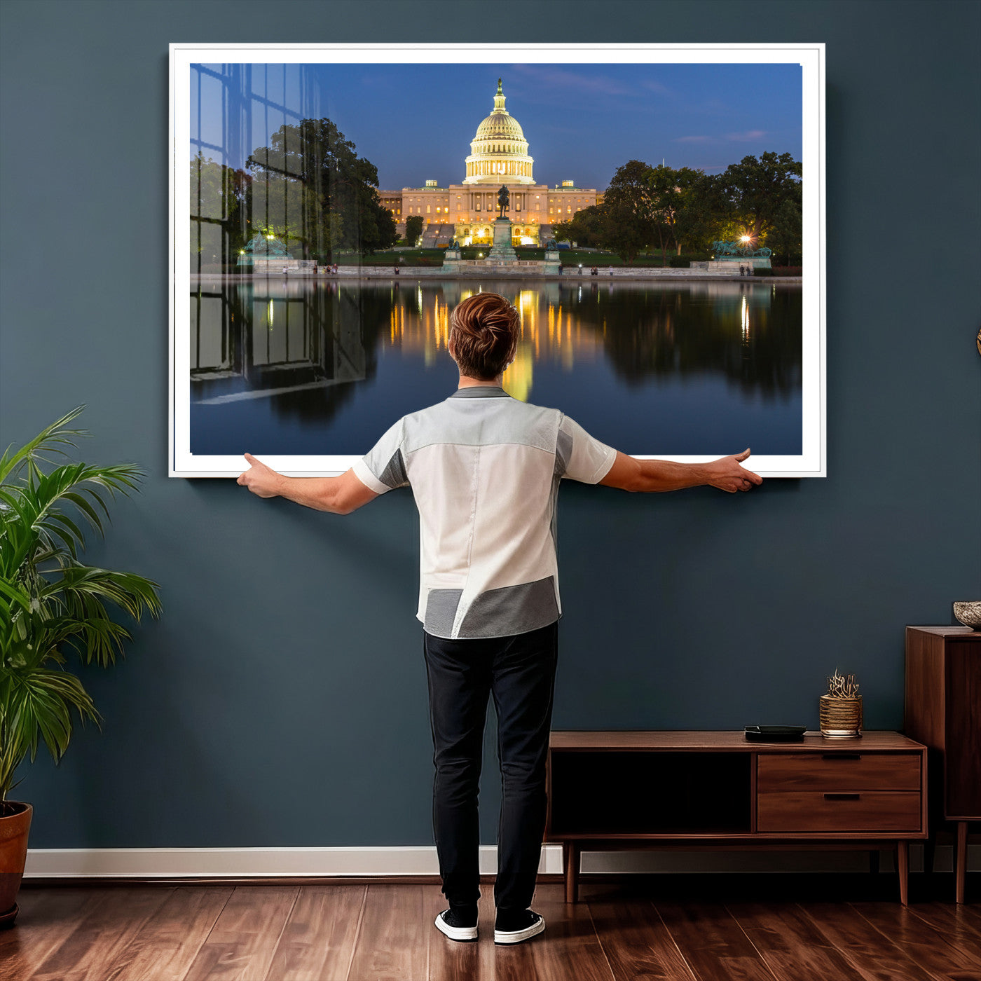 95568590-MGV-CV-36X24 - US Capitol Building Wall Art Canvas Print – Washington DC Landmark Night Reflection Artwork for Office Decor