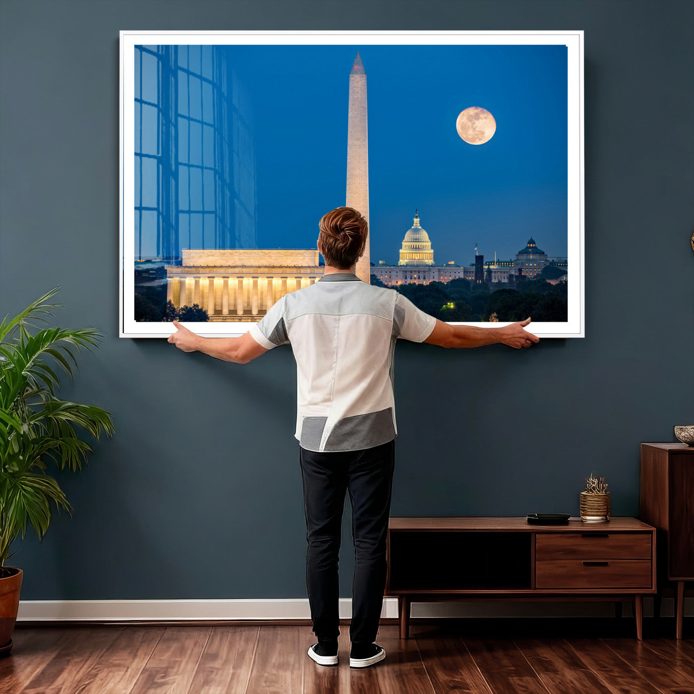 96712946-MGV-CV-36X24 - Washington DC Skyline Wall Art Canvas Print – Lincoln Memorial, Washington Monument and US Capitol Night Cityscape Artwork