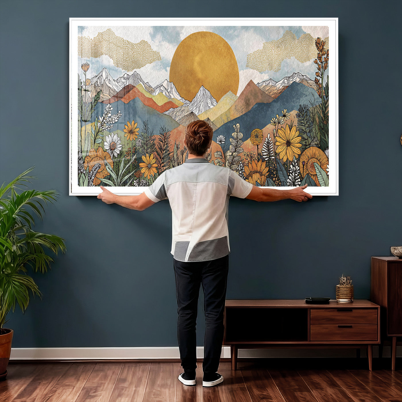 17540863-MGV-CV-36X24 - Boho Mountain Landscape Large Wall Art, Horizontal Gold Framed Canvas Print with Sun and Flowers