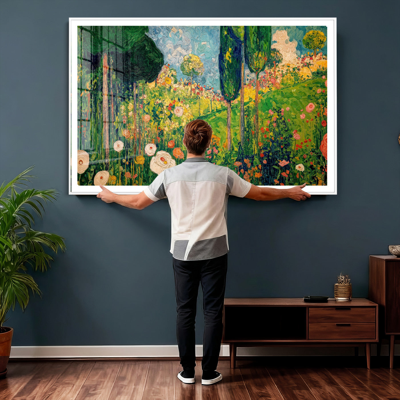 83517974-MGV-CV-36X24 - Gustav Klimt Boho Mountain Landscape Large Wall Art, Horizontal Gold Framed Canvas Print with Sun and Flowers