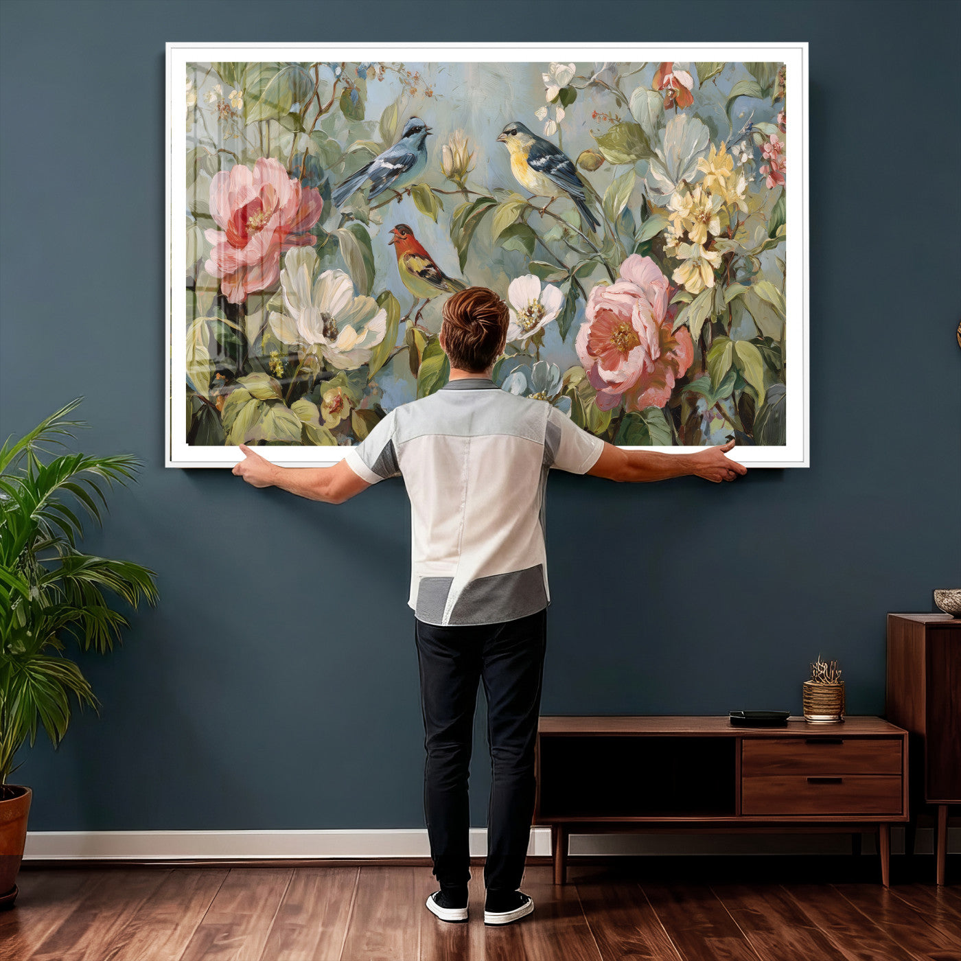 55440837-MGV-CV-36X24 - Vintage Birds and Flowers Wall Art Canvas Print, Botanical Bird Painting Canvas Print, Floral Garden Bird Artwork Canvas Print, Classic Bird Flower Painting Canvas Print
