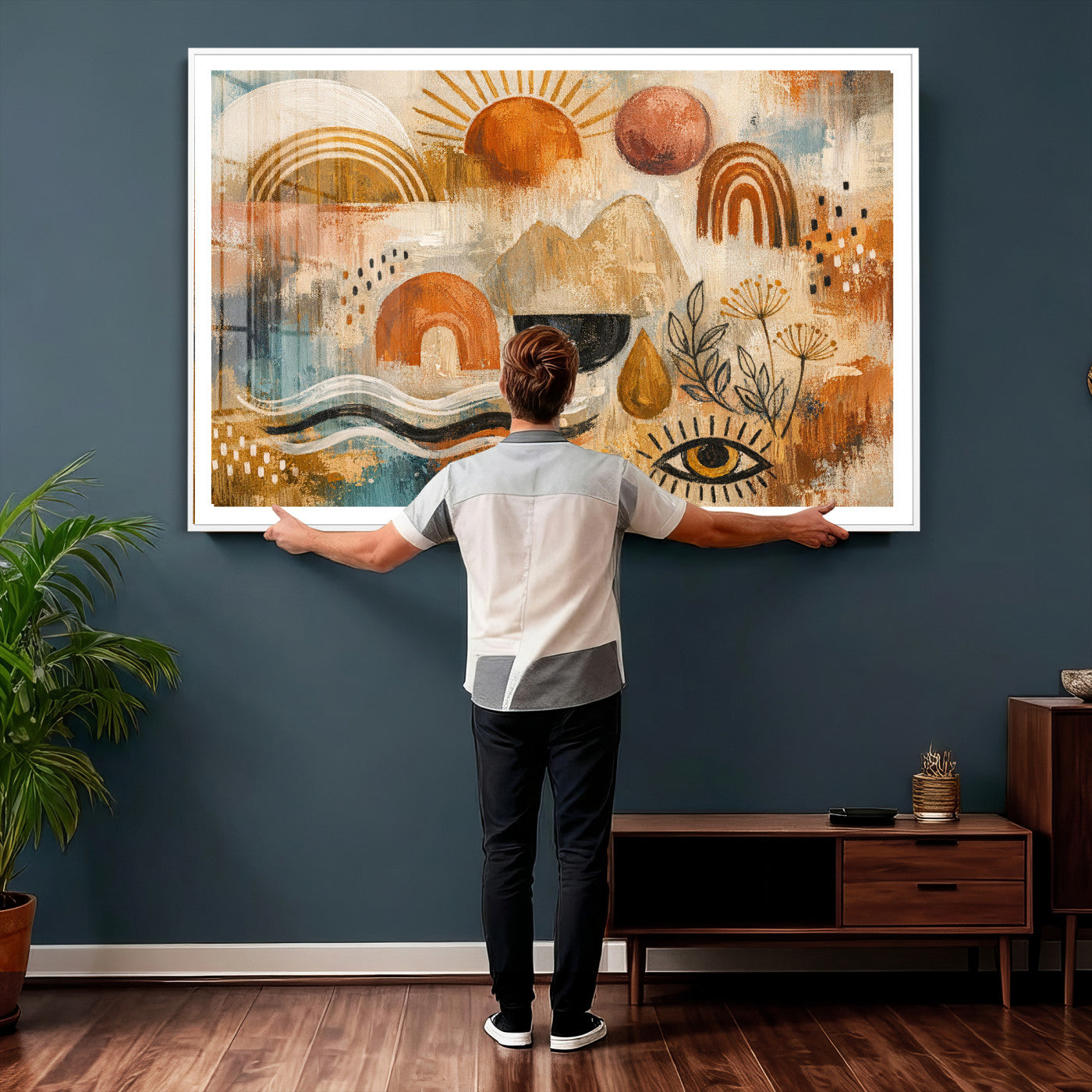 52155239-MGV-CV-36X24 - Geometric Boho Abstract Wall Art Canvas Print, Orange Blue Abstract Expressionist Painting Print, Modern Geometric Abstract Canvas Art