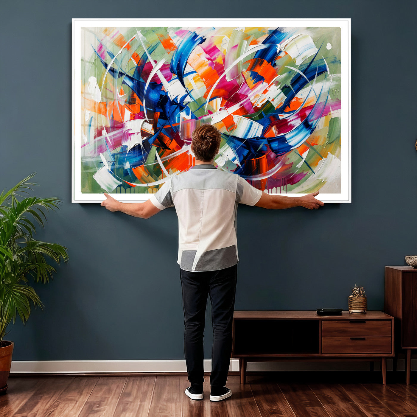 15032888-MGV-CV-36X24 - Geometric Abstract Wall Art Canvas Print, Orange Blue Abstract Expressionist Painting Print, Modern Geometric Abstract Canvas Art