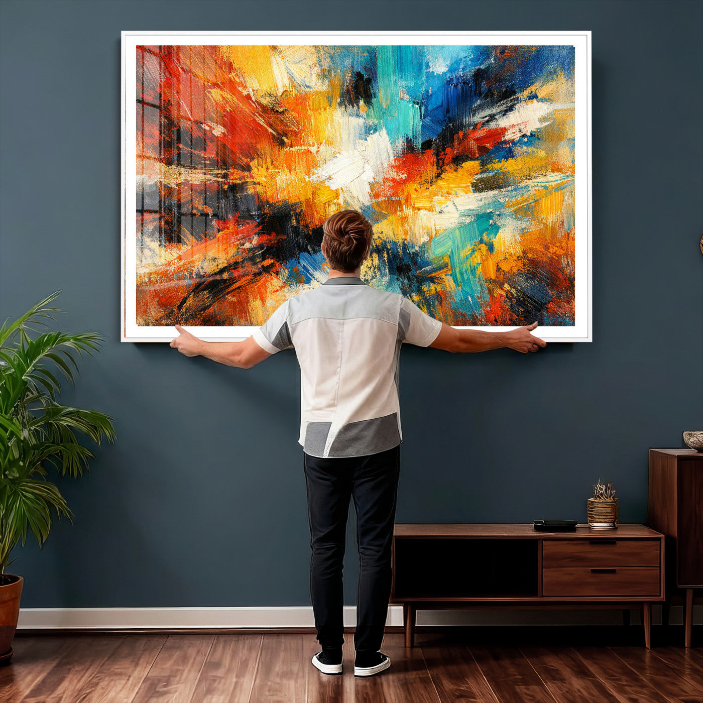 93167583-MGV-CV-36X24 - Geometric Abstract Wall Art Canvas Print, Orange Blue Abstract Expressionist Painting Print, Modern Geometric Abstract Canvas Art