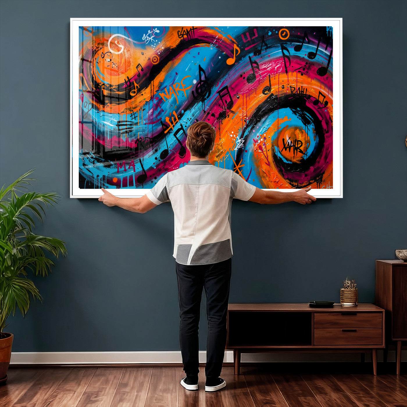 34936518-MGV-CV-36X24 - Geometric Abstract Wall Art Canvas Print, Orange Blue Abstract Expressionist Painting Print, Modern Geometric Abstract Canvas Art