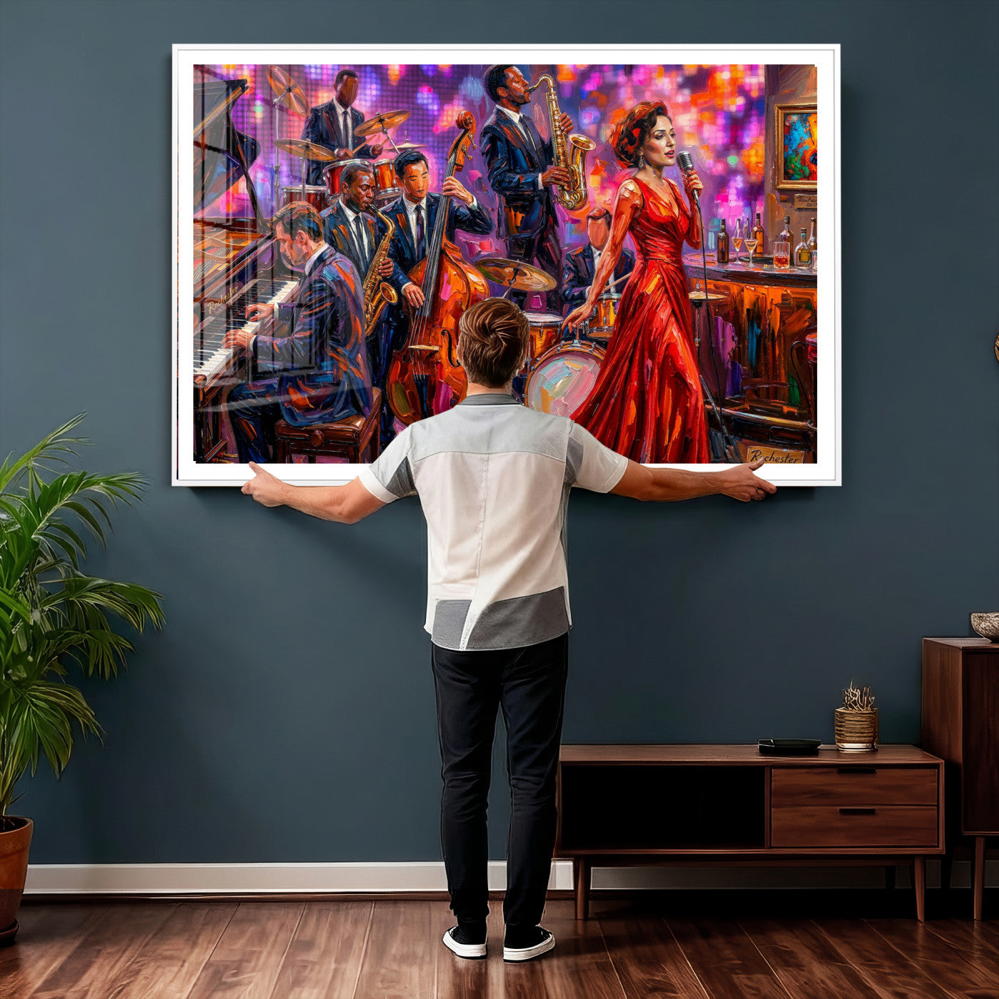 620930J20-MGV-CV-36X24 - Jazz Band Canvas Wall Art — Jazz Club Singer Saxophone Print | Music Wall Decor | Bar Restaurant Art | Music Lover Gift | Jazz Home Decor