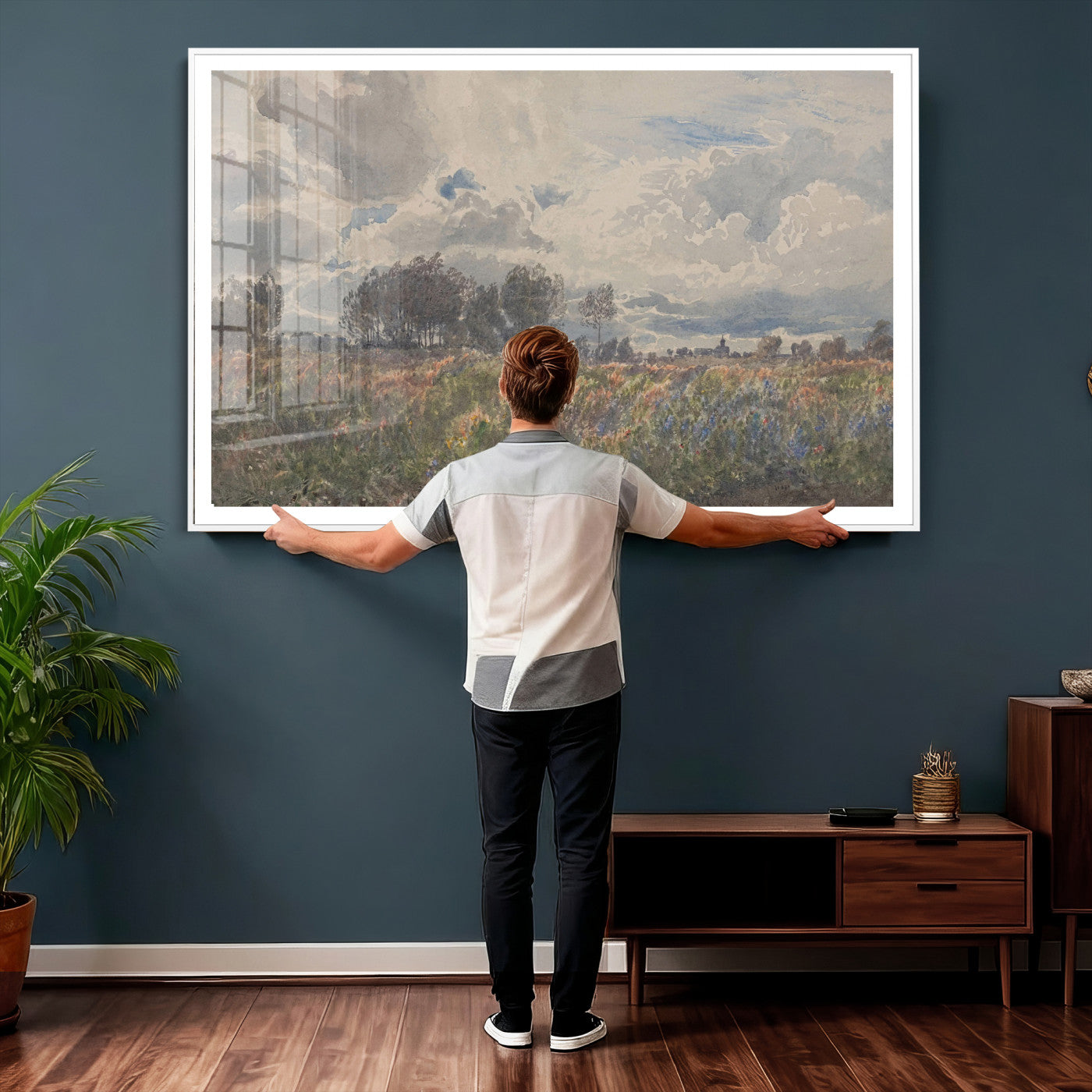 76626885-MGV-CV-36X24 - Vintage Watercolor Meadow Canvas Wall Art — English Pastoral Wildflower Storm Sky Print | Cottagecore Nature Decor | Classic Landscape Gift