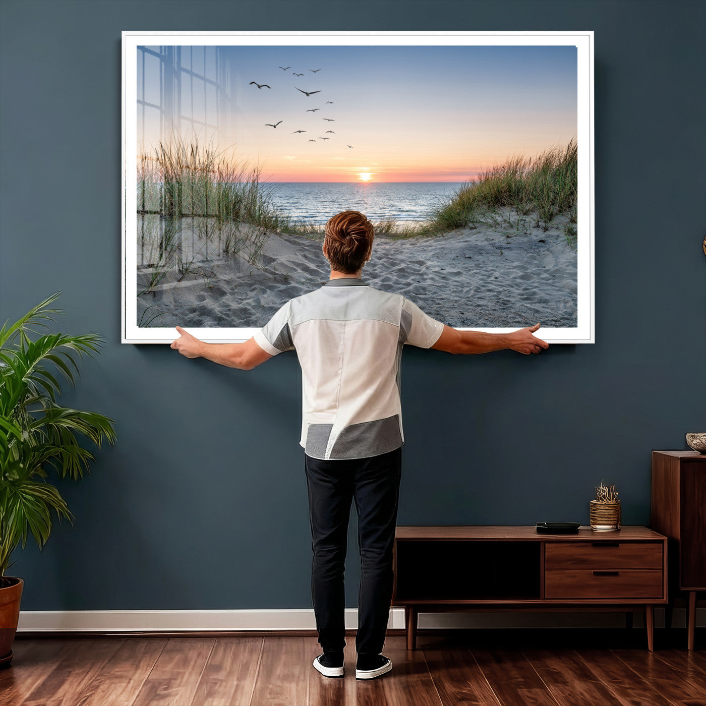 12172032-MGV-CV-36X24 - Sandy Dune Path Sunset Canvas Wall Art — Seagulls Beach Ocean Photography Print | Coastal Home Decor | Nautical Wall Art | Beach House Gift