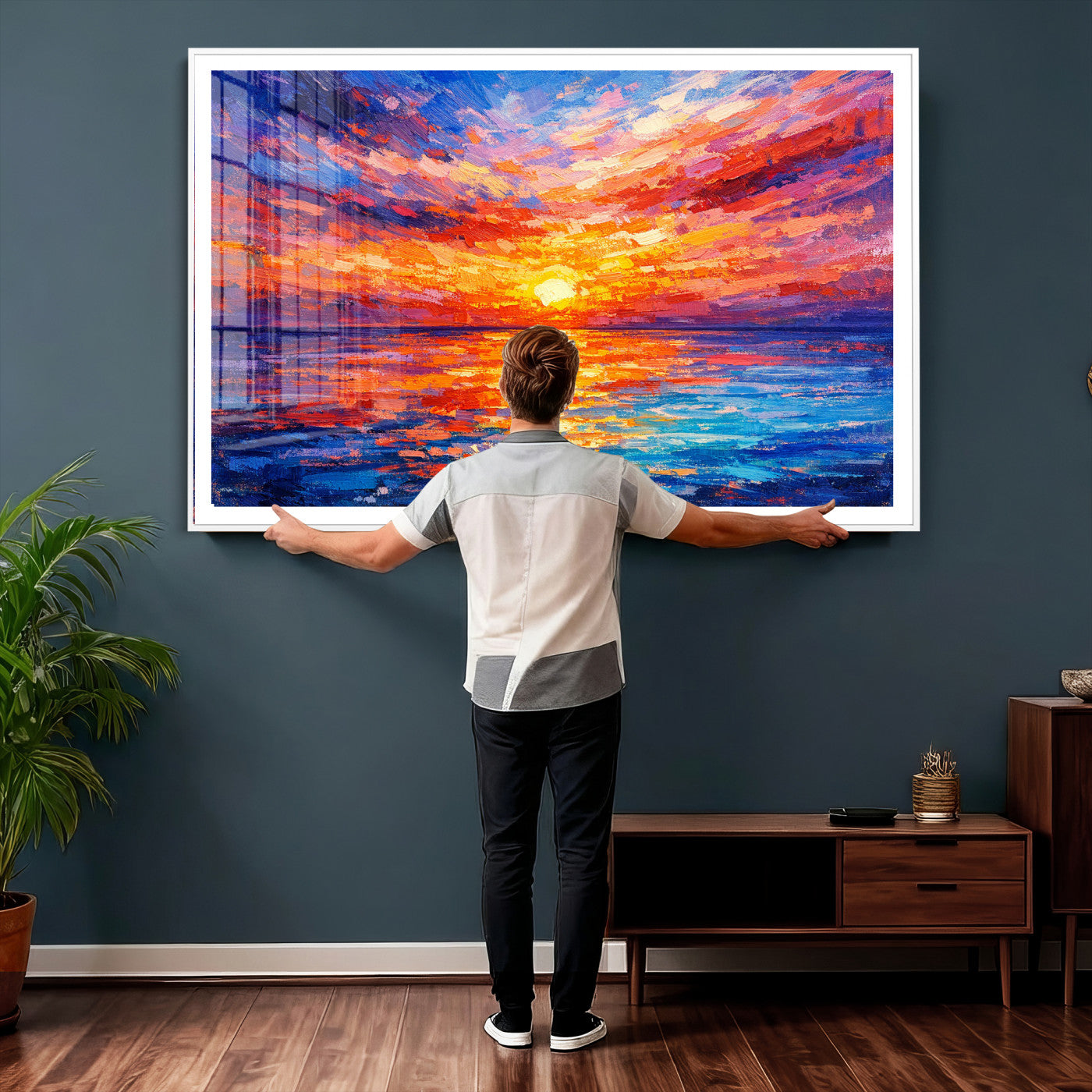 54915078-MGV-CV-36X24 - Colorful Knife Ocean Sunset Canvas — Orange Pink Teal Expressionist Sea Print | Colorful Coastal Wall Art | Vibrant Beach Decor Gift