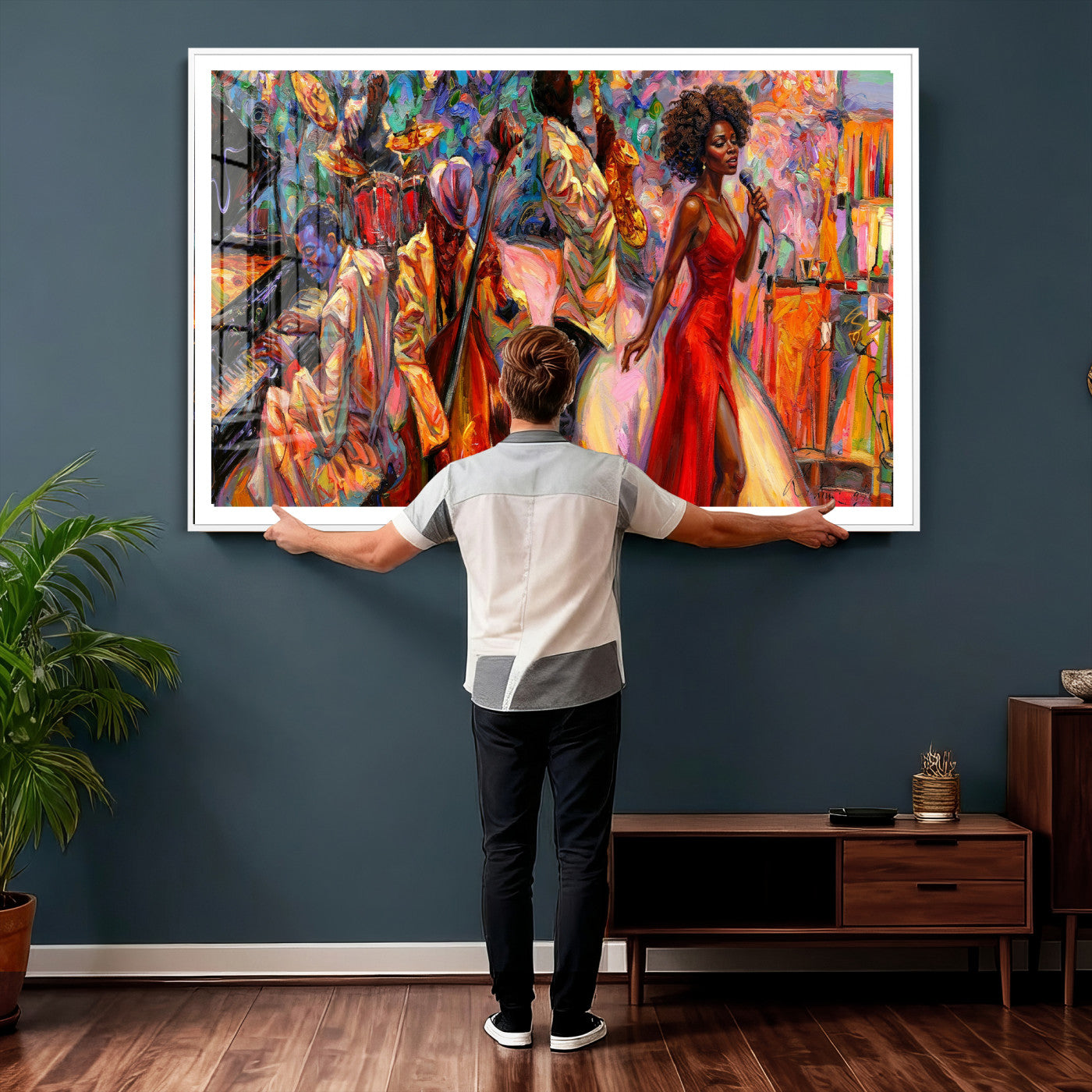 72615137-MGV-CV-36X24 - African American Jazz Singer Canvas Art - Red Dress Black Woman Music Print | Colorful Jazz Band Wall Decor | Living Room Gift for Her