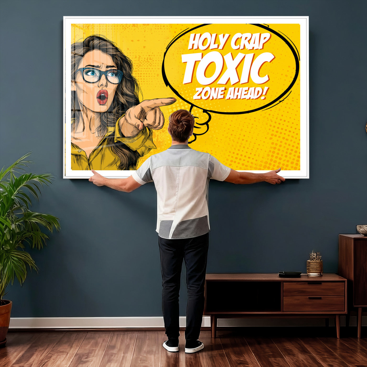 79751885-MGV-CV-36X24 - Pop Art Print Bathroom Sign Wall Art Canvas Print — Funny Bathroom Canvas | Comic Style Toilet Wall Decor | Humor Gift | Yellow Bold Bathroom Art