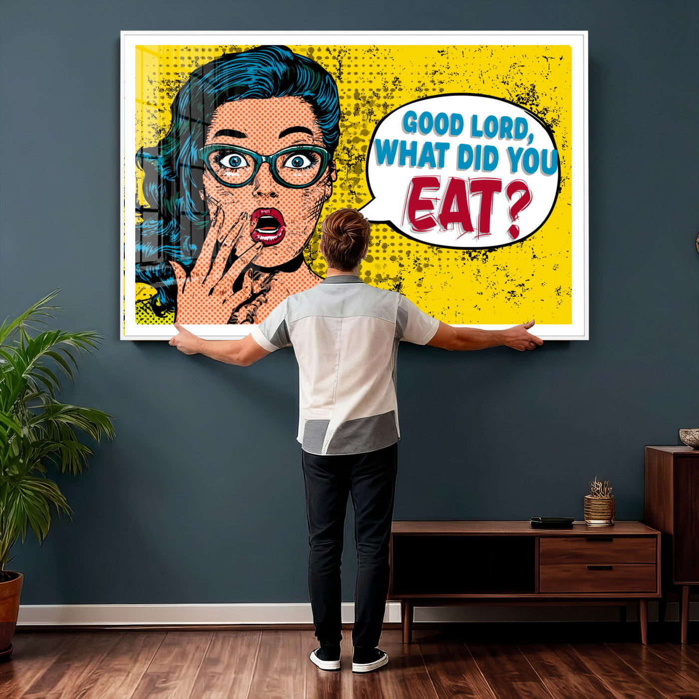 88217969-MGV-CV-36X24 - Pop Art Print Bathroom Sign Wall Art Canvas Print — Funny Bathroom Canvas | Comic Style Toilet Wall Decor | Humor Gift | Yellow Bold Bathroom Art