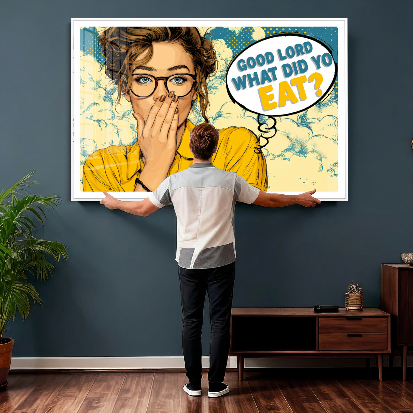 35819669-MGV-CV-36X24 - Pop Art Print Bathroom Sign Wall Art Canvas Print — Funny Bathroom Canvas | Comic Style Toilet Wall Decor | Humor Gift | Yellow Bold Bathroom Art