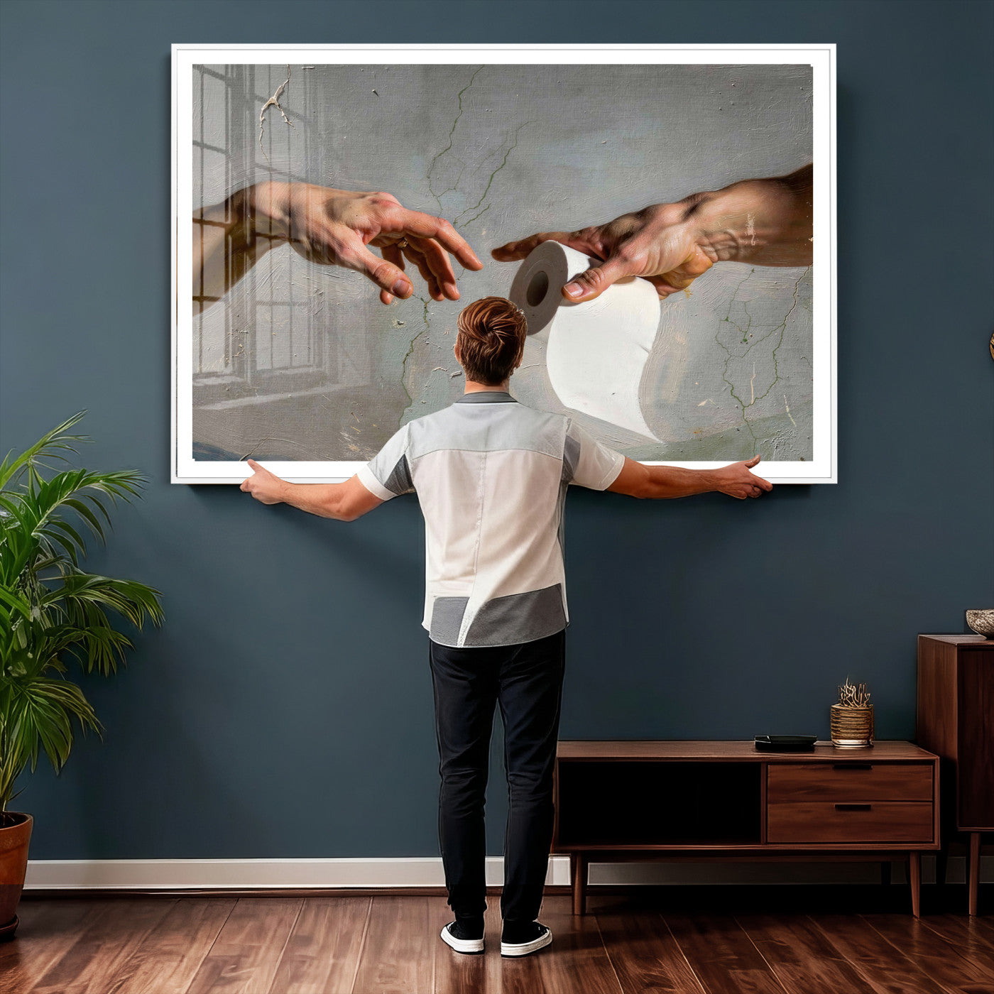 72030048-MGV-CV-36X24 - Funny Bathroom Wall Art Canvas, Creation of Toilet Paper Parody Print, Renaissance Humor Decor, Toilet Room Art, Quirky Housewarming Gift, Classic Art Spoof