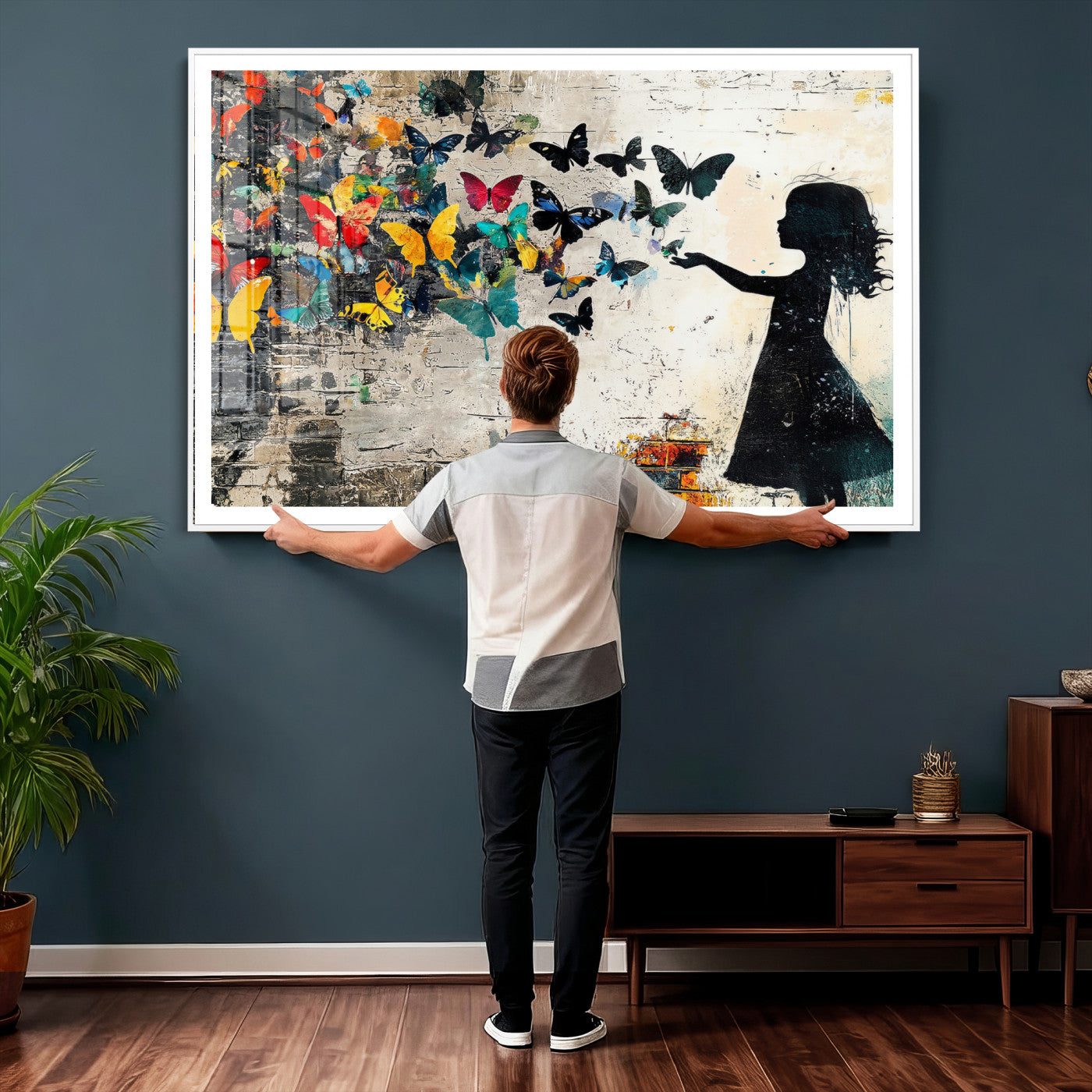 33909022-MGV-CV-36X24 - Banksy Butterfly Girl Wall Art Canvas Print, Framed Street Art Silhouette Graffiti Artwork, Colorful Butterfly Wall Decor for Living Room Bedroom Office