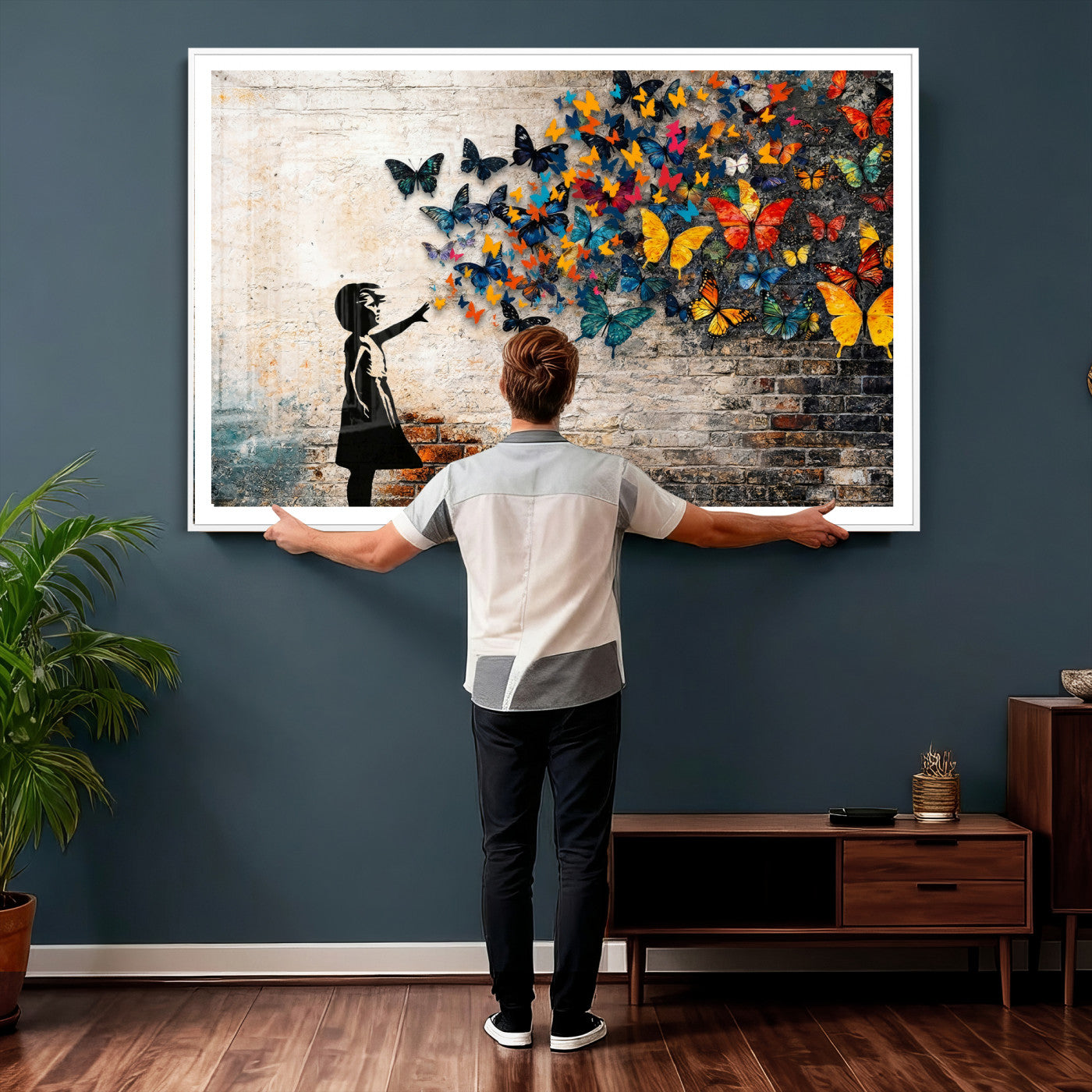78760384-MGV-CV-36X24 - Banksy Graffiti Butterfly Girl Wall Art Canvas Print, Framed Street Art Canvas Print, Silhouette Butterfly Wall Art for Living Room Bedroom Office