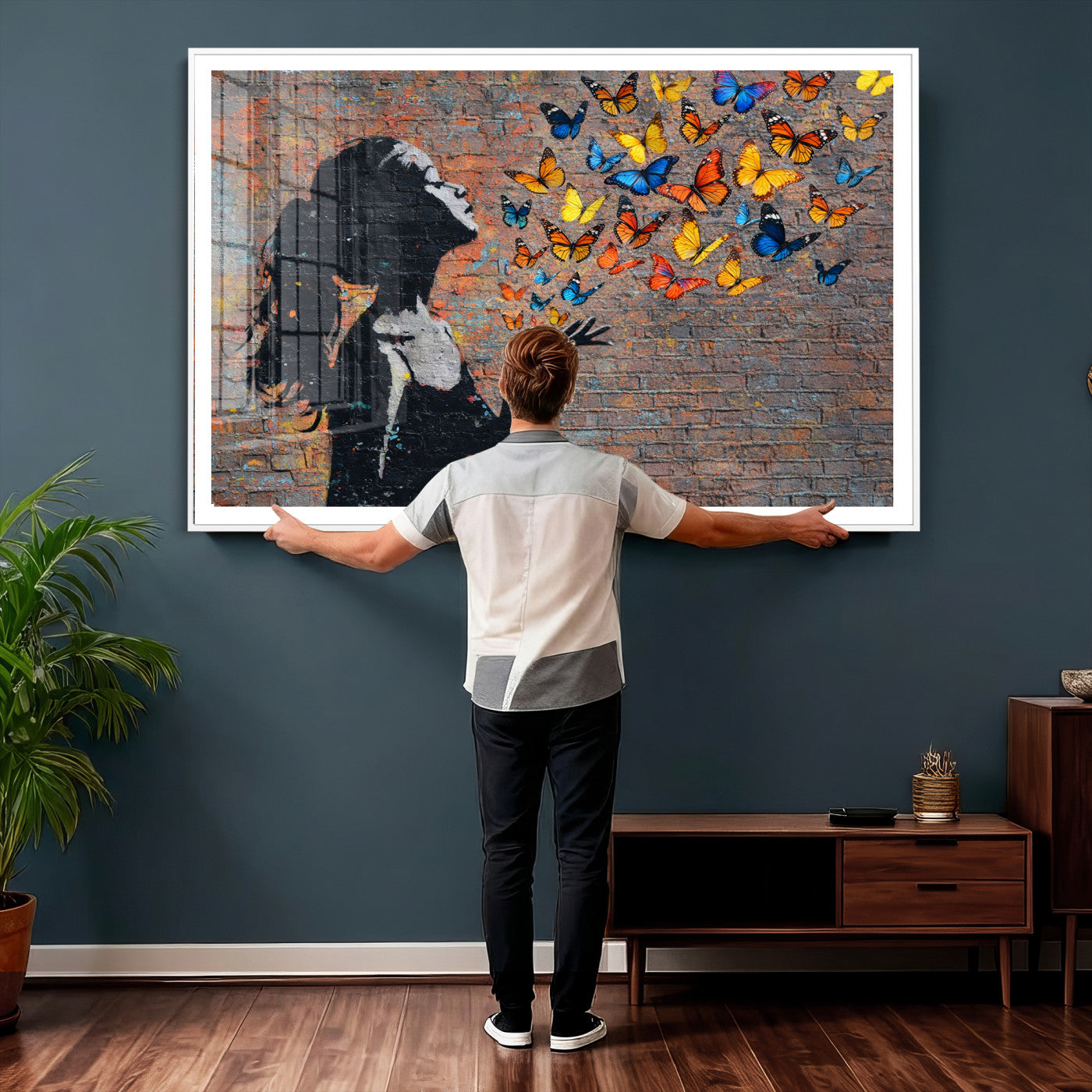 10555939-MGV-CV-36X24 - Urban Banksy Butterfly Girl Wall Art Canvas Print, Framed Street Art Canvas Print, Graffiti Silhouette Butterfly Wall Art for Living Room Bedroom Office