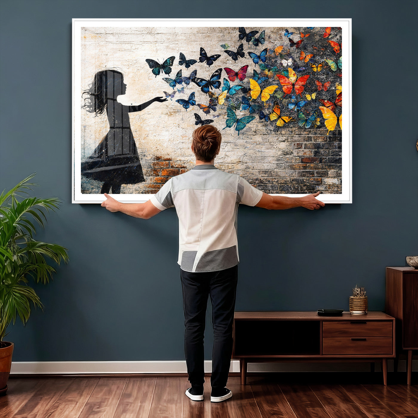 70522594-MGV-CV-36X24 - Banksy Butterfly Girl Wall Art Canvas Print, Framed Street Art Canvas Print, Graffiti Silhouette Butterfly Wall Art for Living Room Bedroom Office
