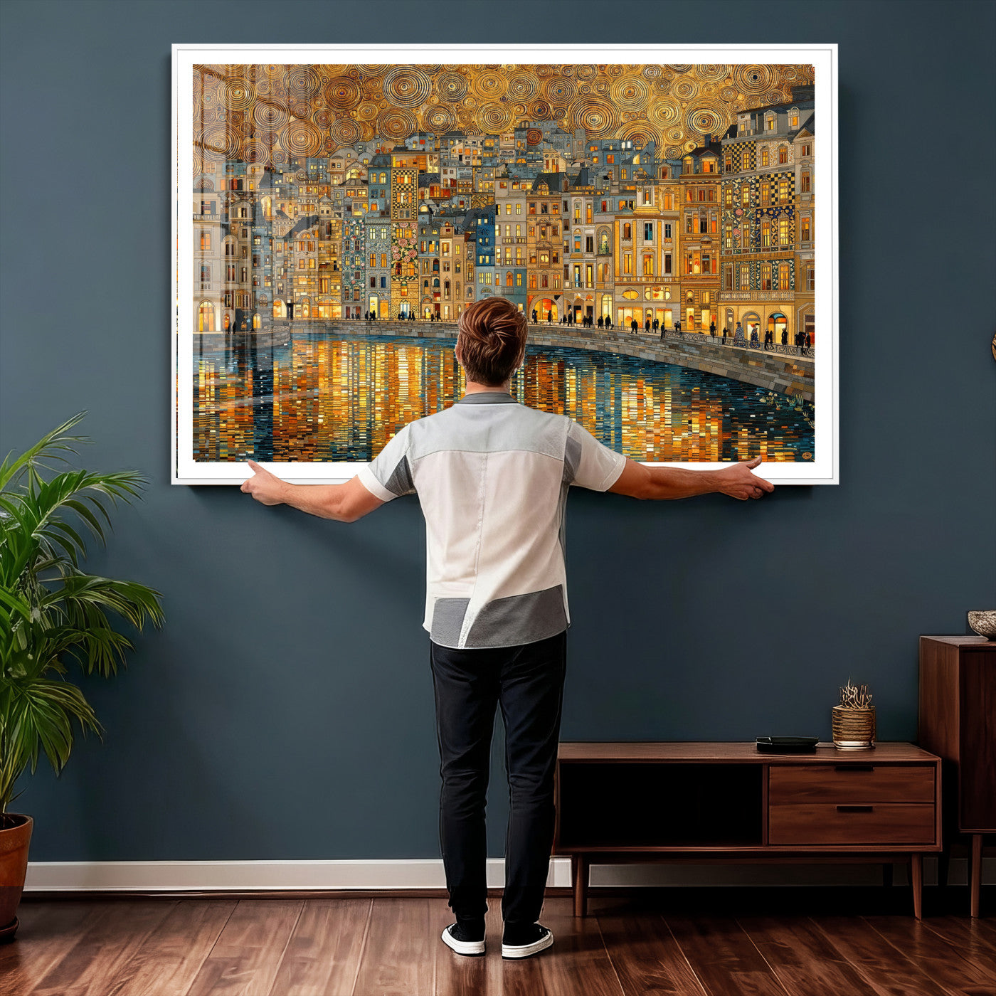 94022787-MGV-CV-36X24 - Gustav Klimt Golden Cityscape Wall Art Canvas Print, Framed River Town Landscape Artwork, Ornate Architecture Wall Decor for Living Room Bedroom Office