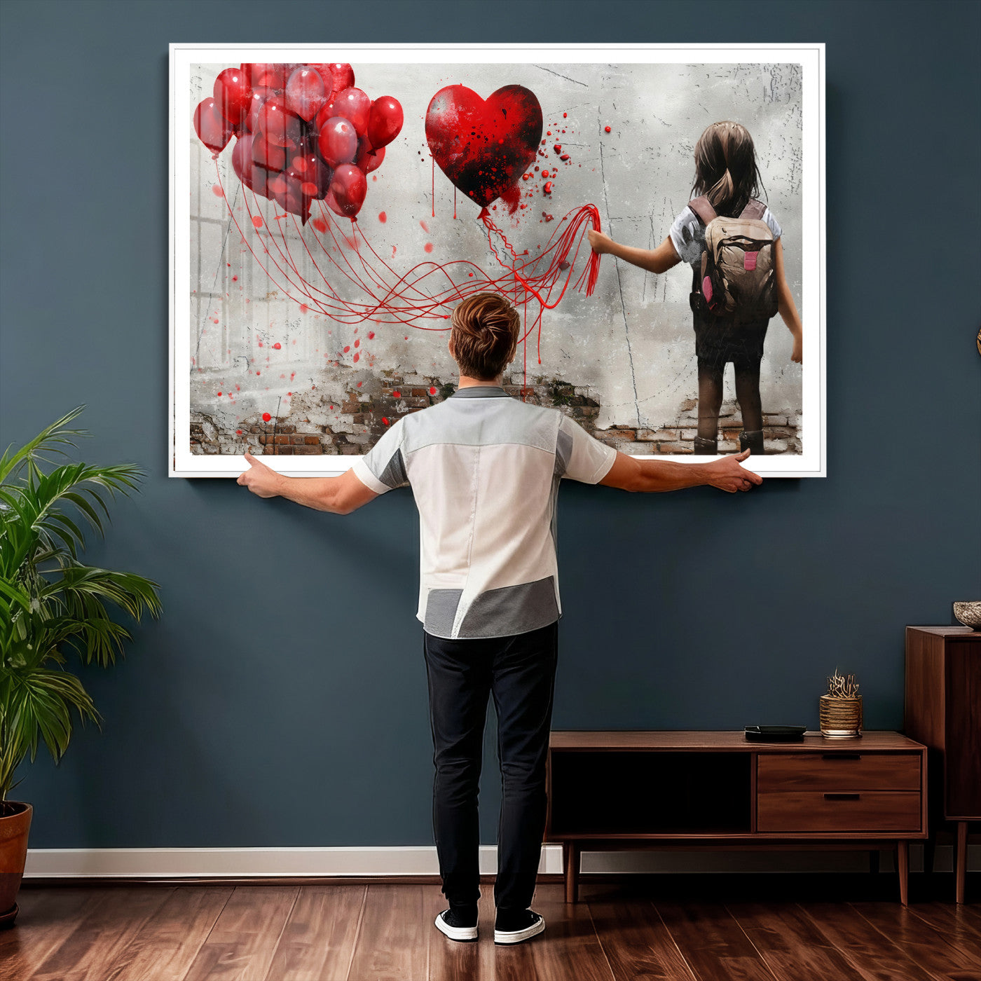 2162830T-MGV-CV-36X24 - Girl Graffiti Wall Art Canvas Print, Red Balloon Heart Street Art, Urban Love Artwork for Living Room Bedroom Hallway Office, Modern Abstract Canvas Wall Decor Home Decor