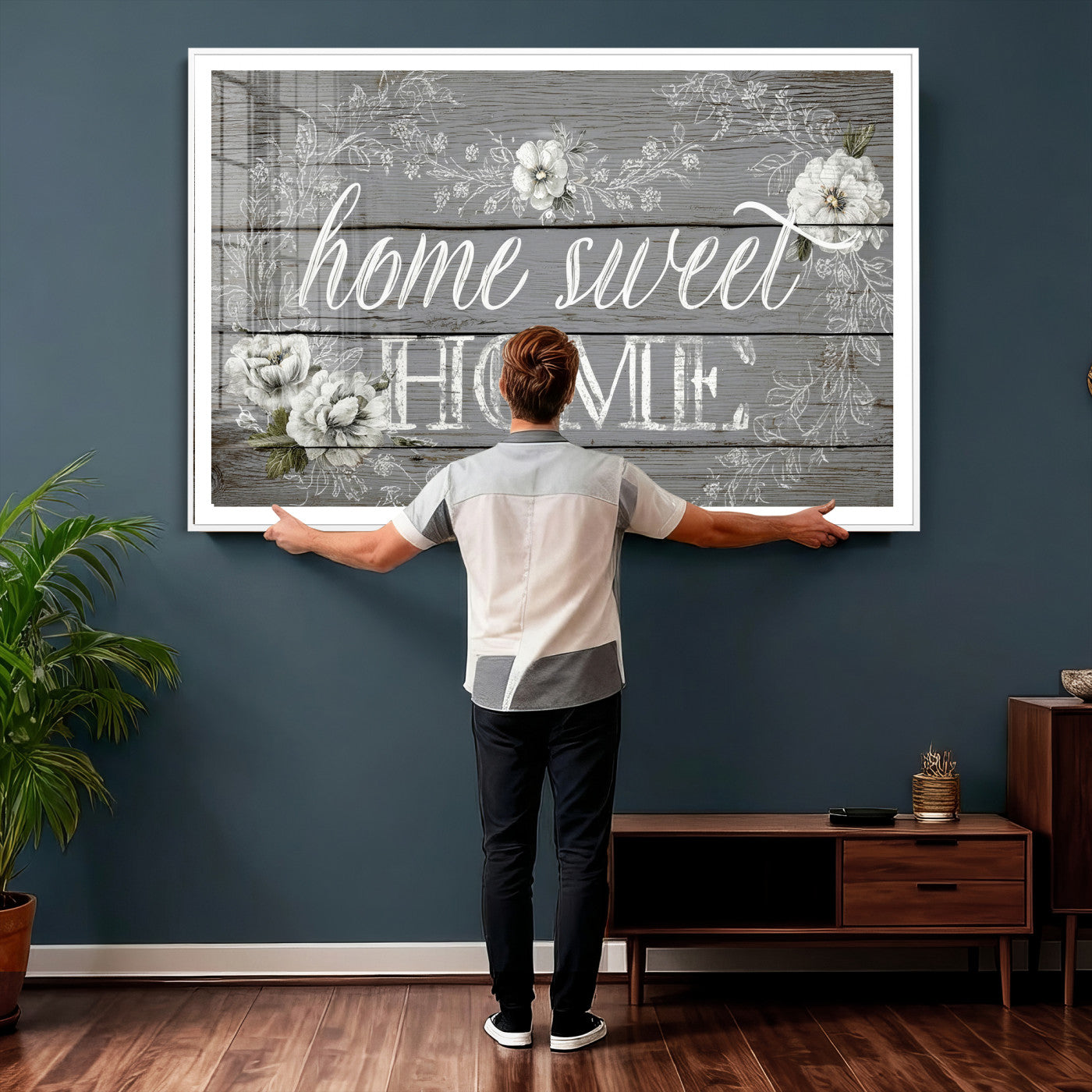 42160089-MGV-CV-36X24 - Home Sweet Home Sign Wall Art Canvas Print, Floral Farmhouse Sign, Rustic Neutral Entryway Bedroom Living Room Decor