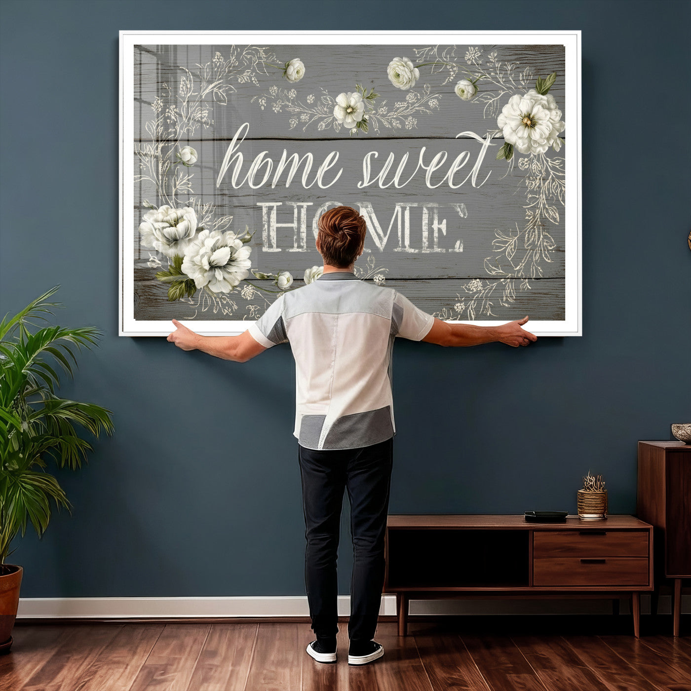 32056075-MGV-CV-36X24 - Home Sweet Home Wall Art Canvas Print, Floral Farmhouse Sign, Rustic Neutral Entryway Bedroom Living Room Decor