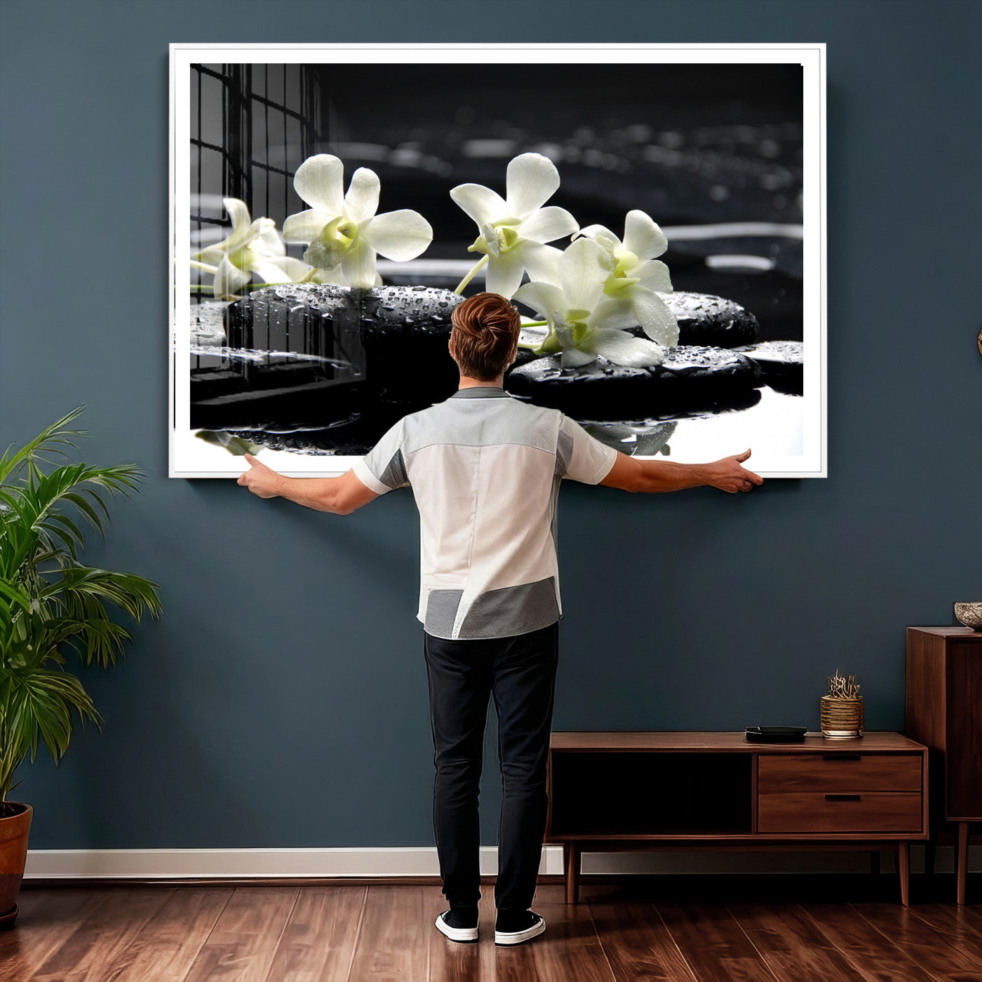 79486206-MGV-CV-36X24 - Plumeria Frangipani Black Stone Canvas | White Flower Spa Photography Print | Tropical Zen Wall Art | Grey Pebble Floral for Meditation Room Decor