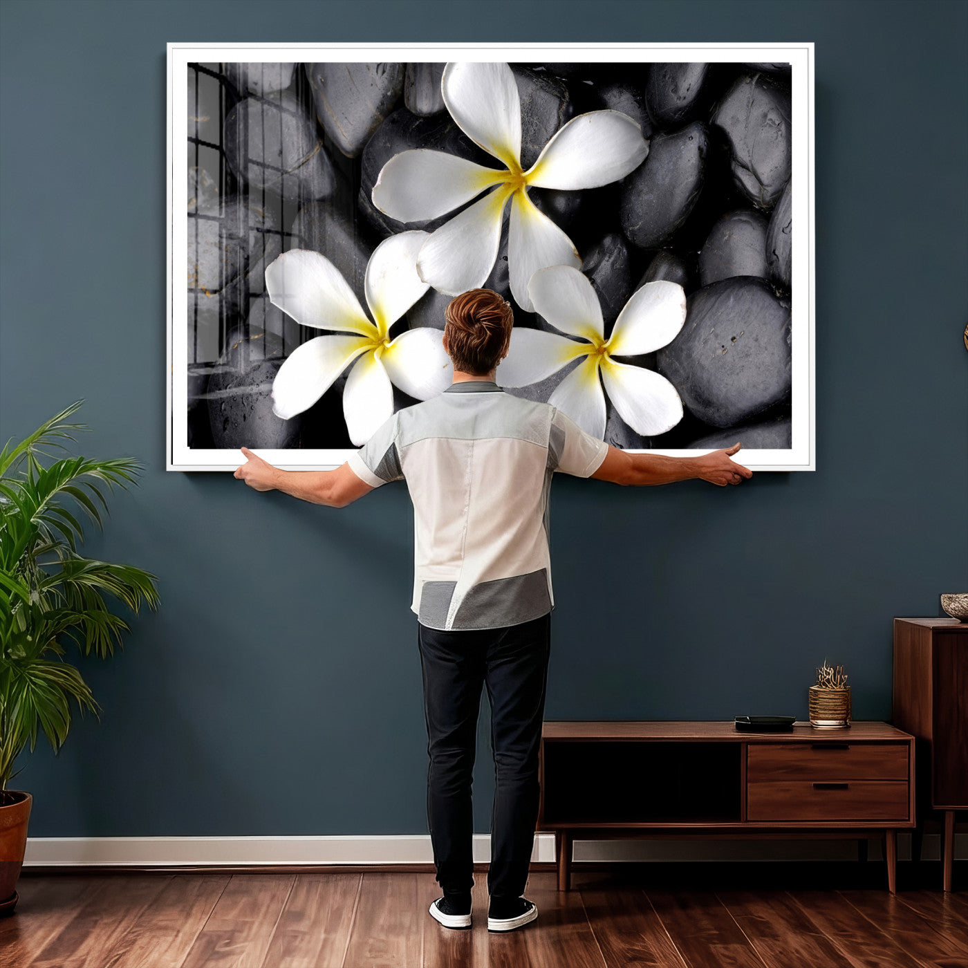 43639613-MGV-CV-36X24 - Plumeria Frangipani Black Stone Canvas | White Flower Spa Photography Print | Tropical Zen Wall Art | Grey Pebble Floral Decor