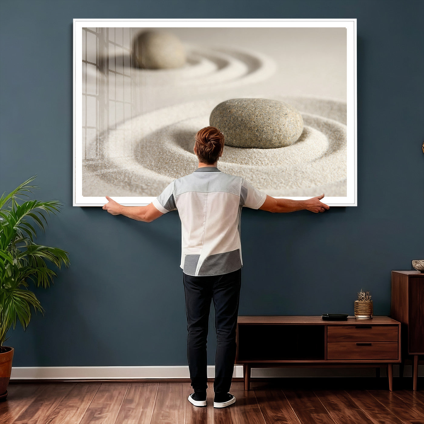 13397966-MGV-CV-36X24 - Zen Garden Stone Sand Canvas | Japanese Rock Garden Wall Art | Minimalist Meditation Print | Neutral Beige Mindfulness Decor