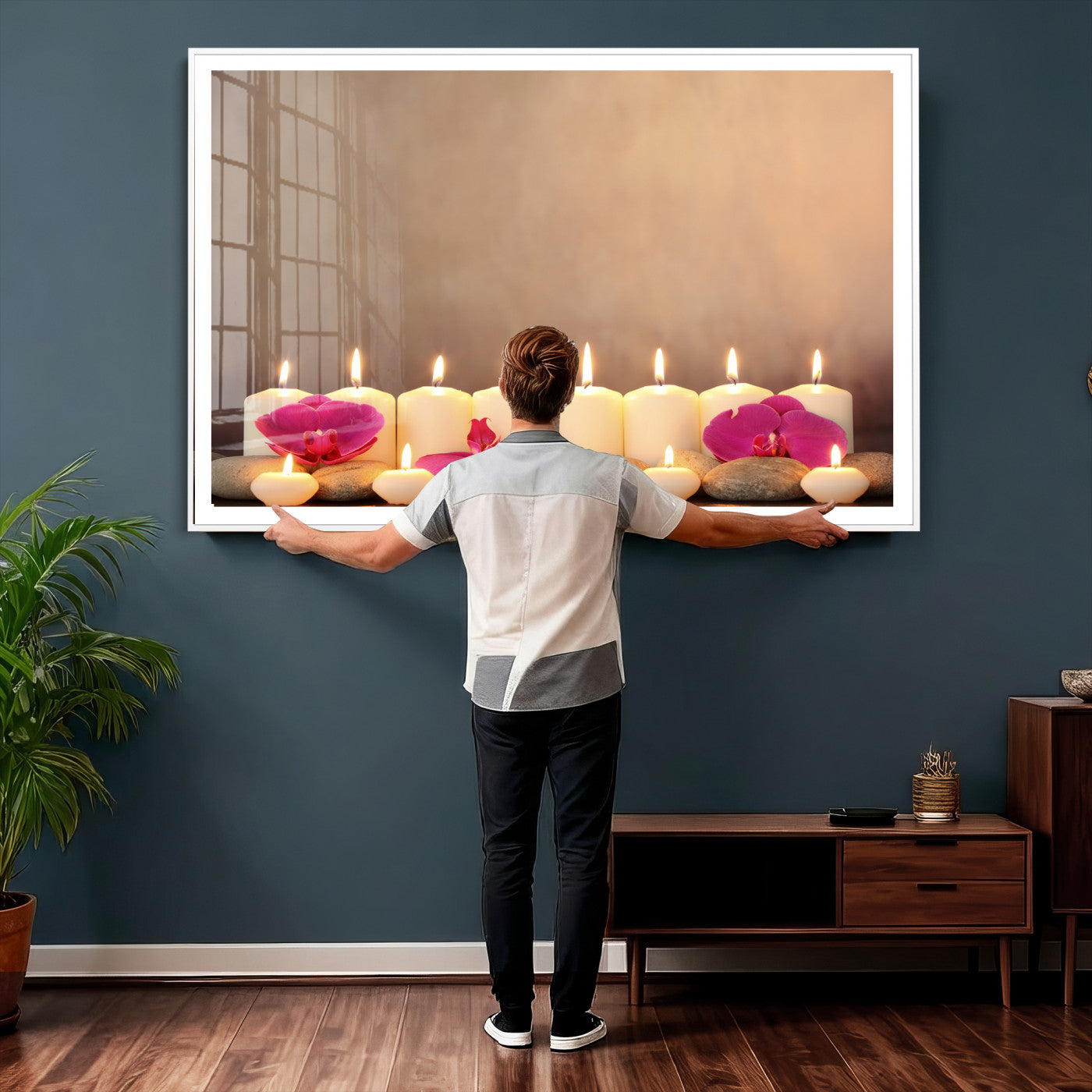 59470569-MGV-CV-36X24 - Spa Candles Orchid Canvas Print | Zen Wellness Relaxation Wall Art | Pink Flower Candlelight Bathroom Decor | Calm Beige Photography