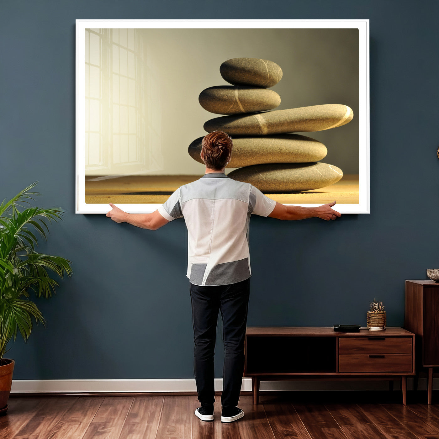 85424263-MGV-CV-36X24 - Zen Stone Wall Art Canvas Print, Balanced Rock Stack Framed Spa Artwork, Minimalist Meditation Decor for Living Room Bedroom Office Bathroom