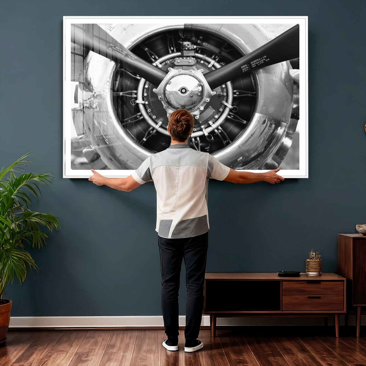 73322230-MGV-CV-36X24 - Vintage Propeller Plane Wall Art Canvas Print, Black and White Airplane Engine Close Up Framed Aviation Artwork for Pilot Office Hangar Decor