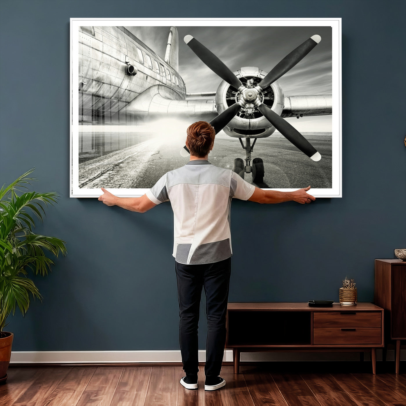 16420255-MGV-CV-36X24 - Vintage Airplane Wall Art Canvas Print, Black and White Propeller Aircraft Framed Aviation Artwork for Pilot Office Hangar Living Room Decor
