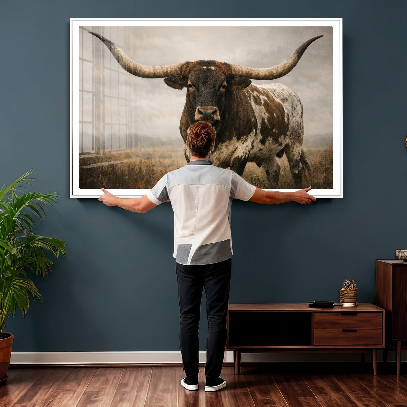 17622011L-MGV-CV-36X24 - Longhorn Bull Wall Art Canvas Print, Western Farmhouse Cowboy Decor, Rustic Texas Ranch Cattle Artwork for Living Room Bedroom Office, Framed Wall Decor