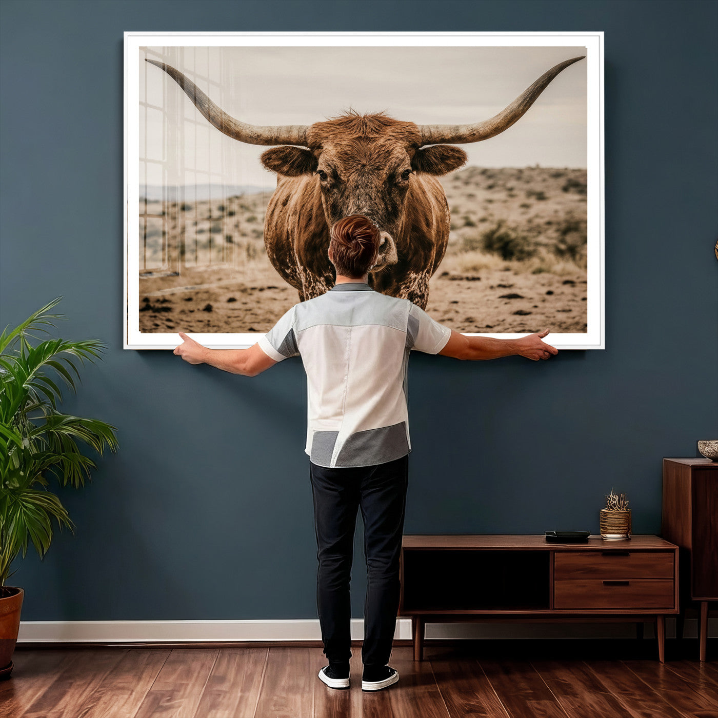 17622011K-MGV-CV-36X24 - Texas Longhorn Bull Wall Art Canvas Print, Western Farmhouse Cowboy Decor, Rustic Texas Ranch Cattle Artwork for Living Room Bedroom Office, Framed Wall Decor