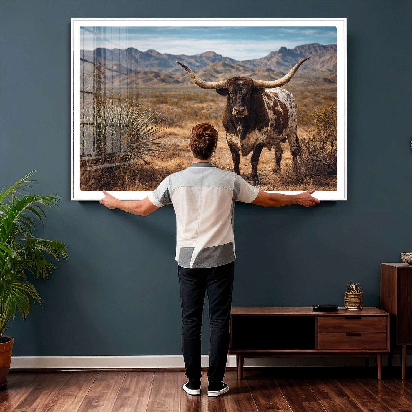 17622011S-MGV-CV-36X24 - Texas Longhorn Bull Wall Art Canvas Print, Western Farmhouse Cowboy Decor, Rustic Texas Ranch Cattle Artwork for Living Room Bedroom Office, Framed Wall Decor