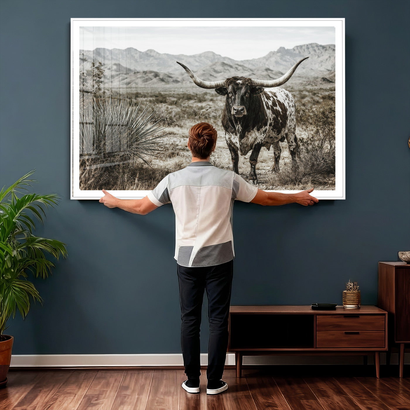 17622011H-MGV-CV-36X24 - Texas Longhorn Bull Wall Art Canvas Print, Western Farmhouse Cowboy Decor, Rustic Texas Ranch Cattle Artwork for Living Room Bedroom Office, Framed Wall Decor