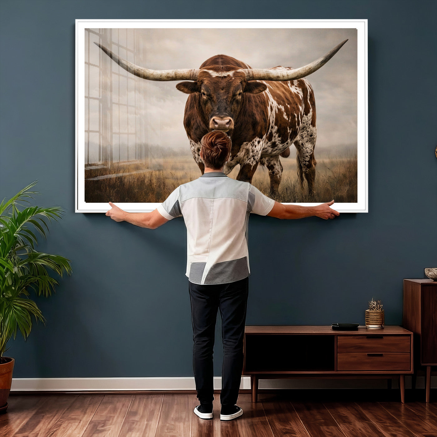 25239047-MGV-CV-36X24 - Texas Longhorn Canvas Wall Art Western Bull Desert Moody Grey Overcast Rustic Farmhouse Framed Large for Living Room Bedroom Office Decor