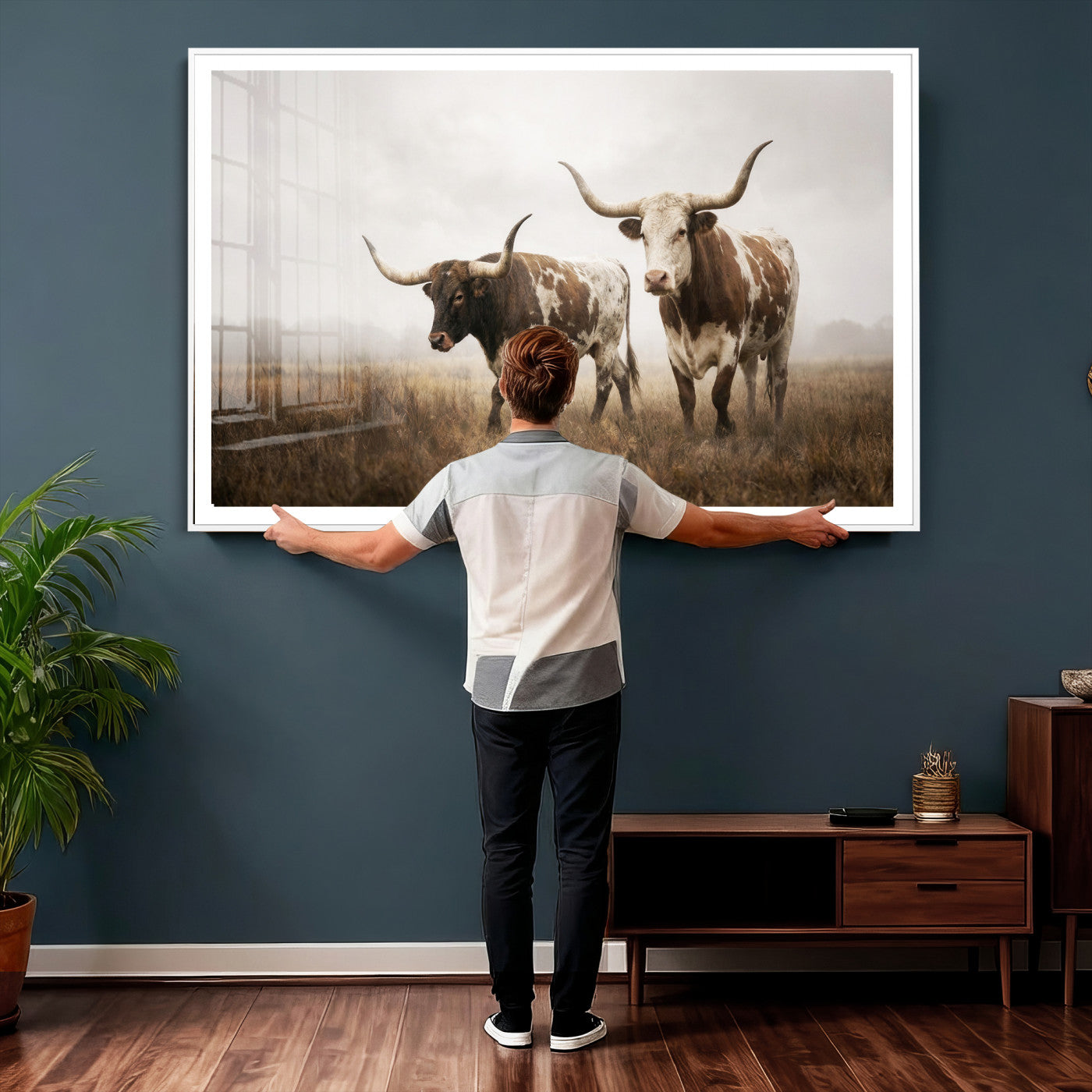 92881702-MGV-CV-36X24 - Texas Longhorn Canvas Wall Art Western Bull Desert Moody Grey Overcast Rustic Farmhouse Framed Large for Living Room Bedroom Office Decor