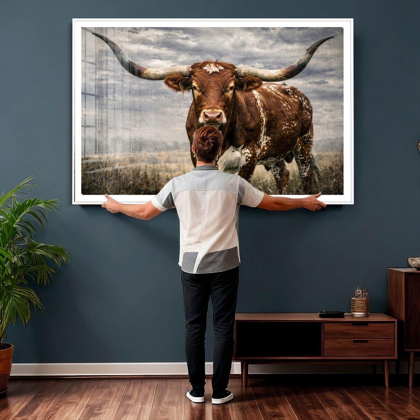 14372769-MGV-CV-36X24 - Texas Longhorn Canvas Wall Art Western Bull Desert Moody Grey Overcast Rustic Farmhouse Framed Large for Living Room Bedroom Office Decor