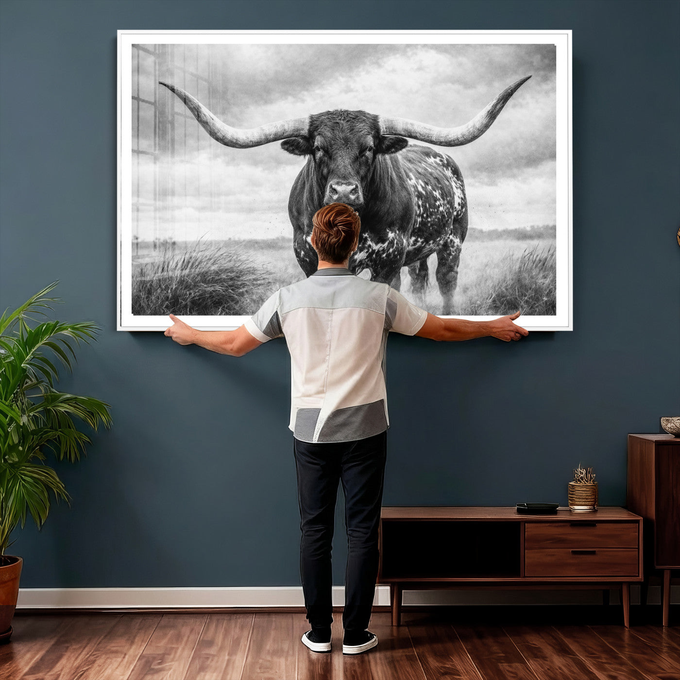 19951238-MGV-CV-36X24 - Texas Longhorn Canvas Wall Art Western Bull Desert Moody Grey Overcast Rustic Farmhouse Framed Large for Living Room Bedroom Office Decor