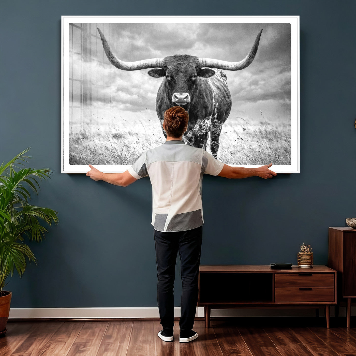 63336115-MGV-CV-36X24 - Texas Longhorn Canvas Wall Art Western Bull Desert Moody Grey Overcast Rustic Farmhouse Framed Large for Living Room Bedroom Office Decor